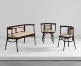 Max Fabiani, Settee and pair of armchairs, model no. 150, circa 1922, Stained beech, brass, fabric