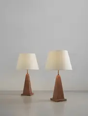 Jean-Michel Frank, Pair of table lamps, circa 1936, Limed oak-veneered wood, brass, paper shade