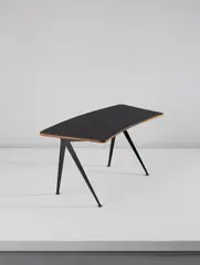 Curved “Compas” desk by Jean Prouvé, circa 1953, Painted steel, plastic laminate-covered wood, oak-veneered wood, sold Dec 2017