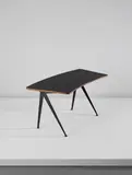 Curved “Compas” desk by Jean Prouvé, circa 1953, Painted steel, plastic laminate-covered wood, oak-veneered wood, sold Dec 2017