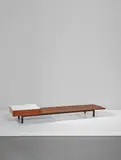 Bench with drawer, for Miferma, Cansado by Charlotte Perriand, circa 1962, Oak, mahogany-veneered wood, plastic-laminated wood, painted steel, offered Dec 2017