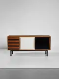 Cabinet, for Miferma, Cansado by Charlotte Perriand, circa 1962, Mahogany, mahogany-veneered wood, plastic-laminated plywood, painted plywood, painted steel, sold Dec 2017