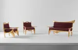 Philippe Hiquily, "Unisex" canapé and pair of "Polysex" armchairs, 2003, Composite resin, gold leaf, fabric