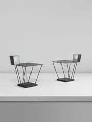 Steven Holl, Pair of side tables with integrated lamps, from Museum Tower, New York, 1986-1987, Patinated metal, glass