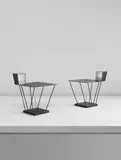 Steven Holl, Pair of side tables with integrated lamps, from Museum Tower, New York, 1986-1987, Patinated metal, glass