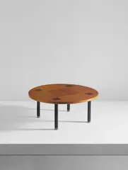 Side table by Ettore Sottsass, circa 1959, Teak-veneered wood, enameled steel, sold Dec 2017