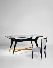 Table and side chair by Gio Ponti, circa 1950, Table: stained wood, etched glass, brass. Chair: stained wood, fabric, brass, sold Dec 2017