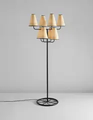 Eight-arm "Ski" floor lamp by Jean Royere, circa 1950, Painted steel, paper shades, sold Dec 2017
