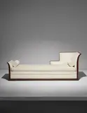 Eugene Schoen, Daybed, circa 1930, Mahogany-veneered wood, macassar ebony-veneered wood, fabric