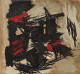 Peter Voulkos, Flying Red Through Black, circa 1959, Oil, lacquer, and sand on canvas