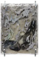 Reverb by Valerie Snobeck, 2011, partially erased mirror, peeled print on plastic, debris netting, screen protector, and door barricade brackets, offered Feb 2016
