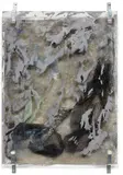 Valerie Snobeck, Reverb, 2011, partially erased mirror, peeled print on plastic, debris netting, screen protector, and door barricade brackets