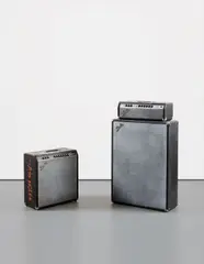 Kaz Oshiro, Two works: (i) Fender Reverb #2, 2003; (ii) Fender Showman Amp with Cabinet #2 (Duct Tape & Cigarette Burn), 2002, (i) acrylic and Bondo on stretched canvas over wood (ii) acrylic and Bondo on stretched canvas over wood, in 2 parts
