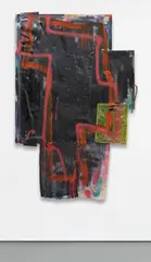Sadie Laska, Swamp Thing, 2013, rug, spray paint, plastic bag, acrylic, canvas, paper clip, nails, board, textile, and shoelace
