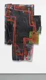 Sadie Laska, Swamp Thing, 2013, rug, spray paint, plastic bag, acrylic, canvas, paper clip, nails, board, textile, and shoelace