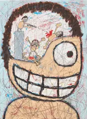 Jay Stuckey, Charles Whitman, 2012, oil and collage on canvas laid on panel