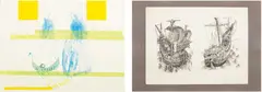 Kai Althoff, Two works: (i) Untitled; (ii) Untitled, 2003, metallic paint, vinyl adhesive, ink, paper collage and found printed paper laid down on fabric