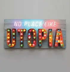 Chris Bracey, No place like Utopia, 2013, acrylic on reclaimed wood, neon, aluminum and carnival light bulbs