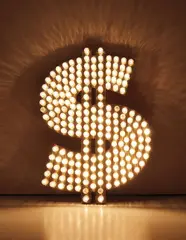 $ by Tim Noble and Sue Webster, 2001, 204 ice white turbo reflector caps, lamps, holders and daisy washers, lacquered brass, electronic light sequencer (3-cha, offered Feb 2016