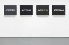 On Kawara, Four Decades (OCT.13, 1970 / MAY 7, 1980 / NOV.22, 1990 / APR.16, 2000), 1970, 1980, 1990, 2000, Liquitex on canvas in handmade cardboard box with newspaper clippings, in 4 parts