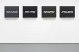 On Kawara, Four Decades (OCT.13, 1970 / MAY 7, 1980 / NOV.22, 1990 / APR.16, 2000), 1970, 1980, 1990, 2000, Liquitex on canvas in handmade cardboard box with newspaper clippings, in 4 parts