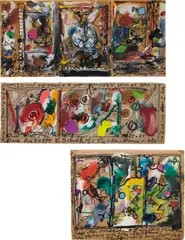 Jean Tinguely, Three works: (i) Autographed note to Rudolph Schulhof, 1981; (ii) Grunewald Flugel Altar, 1982; (iii) Autographed note referring to "Brasilienne" 1982, (i) ink, acrylic and graphite on cardboard (ii) autographed note on photomechanical reproduction with ink inscriptions (iii) oil, ink and collage on cardboard