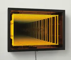 Iván Navarro, Attention, 2010, wood, neon, Plexiglas letters, mirror and one way mirror