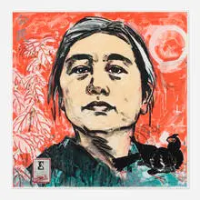 Hung Liu, Citizen (from the Official Portraits series), 2006, lithograph in colors and collage on BFK Rives