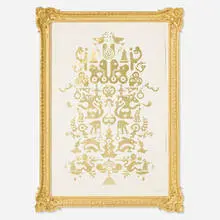Ryan McGinness, Reasoned Relationships vs. Illogical Love, 2007, 24-karat gold leaf on paper with matching 24-karat gold leaf frame