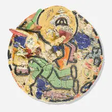 Viola Frey, Man in Green Suit (Yellow Plate), 1983, hand-built and glazed earthenware