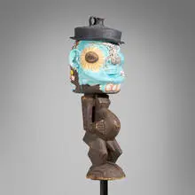 Michael Lucero, Luba Carolina from the Reclamation series, 1995, glazed and hand-painted earthenware, found object, steel