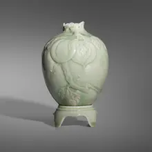Cliff Lee, Vase with peaches on stand, 2001, celadon-glazed porcelain