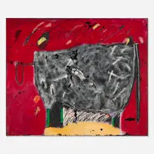 Cow in Red Field by Valentina Dubasky, 1989, oil on canvas, sold Jun 2026