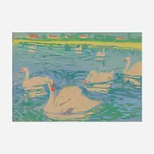 Swans by Margaret Jordan Patterson, 1920, woodcut in colors, sold Nov 2025
