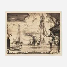 Building the Bridge, Mackinac Straits by Reynold Weidenaar, 1956, etching, sold Nov 2025