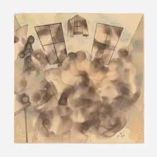 Julia Thecla, Four Birds at a Party, 1965, varnished charcoal, colored pencil and tempera on Strathmore