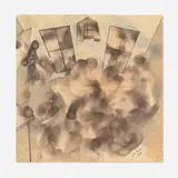 Julia Thecla, Four Birds at a Party, 1965, varnished charcoal, colored pencil and tempera on Strathmore
