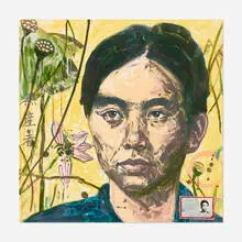 Hung Liu, Proletarian (from the Official Portraits series), 2006, lithograph in colors with paper collage on BFK Rives