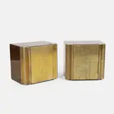 Pair of bedside cabinets by Luciano Frigerio, walnut with brass-clad doors with geometric detail, sold Apr 2026