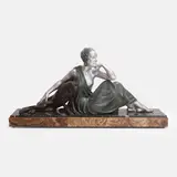 Armand Godard, Art Deco sculpture of a lady and a panther, on a marble and onyx plinth
