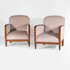 André Sornay, Pair of mahogany bergères, each upholstered in taupe velvet (2) Purchased from Holly Johnson Antiques