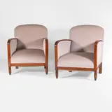 André Sornay, Pair of mahogany bergères, each upholstered in taupe velvet (2) Purchased from Holly Johnson Antiques