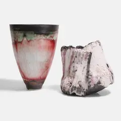 Eddie Curtis, Two ceramic vases, 2015, a stoneware wrap vessel with corrugations and porcelain texture