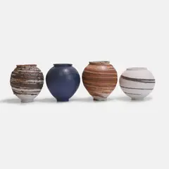Adam Buick, Four miniature moon jars, 2020, wood-fired stoneware with porcelain
