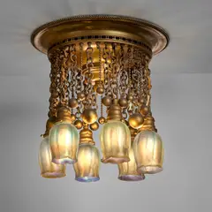 Tiffany Studios, Six-Light Moorish Chandelier, Favrile glass, gilt bronze, four shades incised 'L