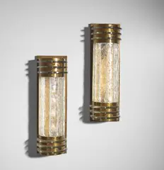 Genet & Michon, Pair of Sconces, brass with acid-etched finish, hand-chipped and polished glass