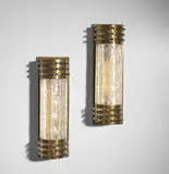Genet & Michon, Pair of Sconces, brass with acid-etched finish, hand-chipped and polished glass