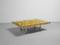 Table d'Or by Yves Klein, gold leaf, Plexiglas, glass, steel, wood, chrome-plated metal, sold Dec 2025