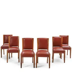 André Sornay, Set of Six Dining Chairs, walnut, leather, one stamped 'A Sornay'