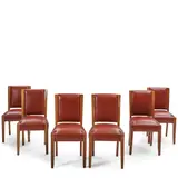 André Sornay, Set of Six Dining Chairs, walnut, leather, one stamped 'A Sornay'